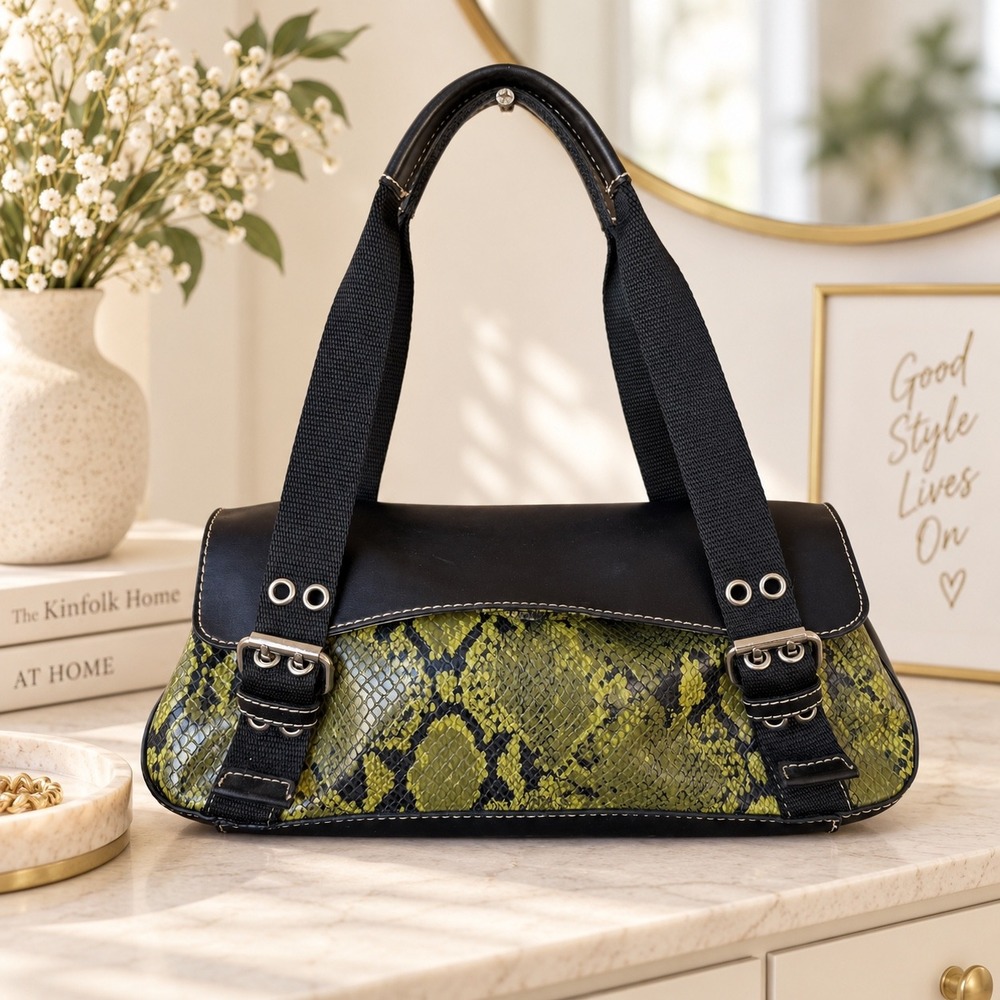 Y2K Nine West Green Snakeskin Print Shoulder Bag Black Buckle Handbag Purse